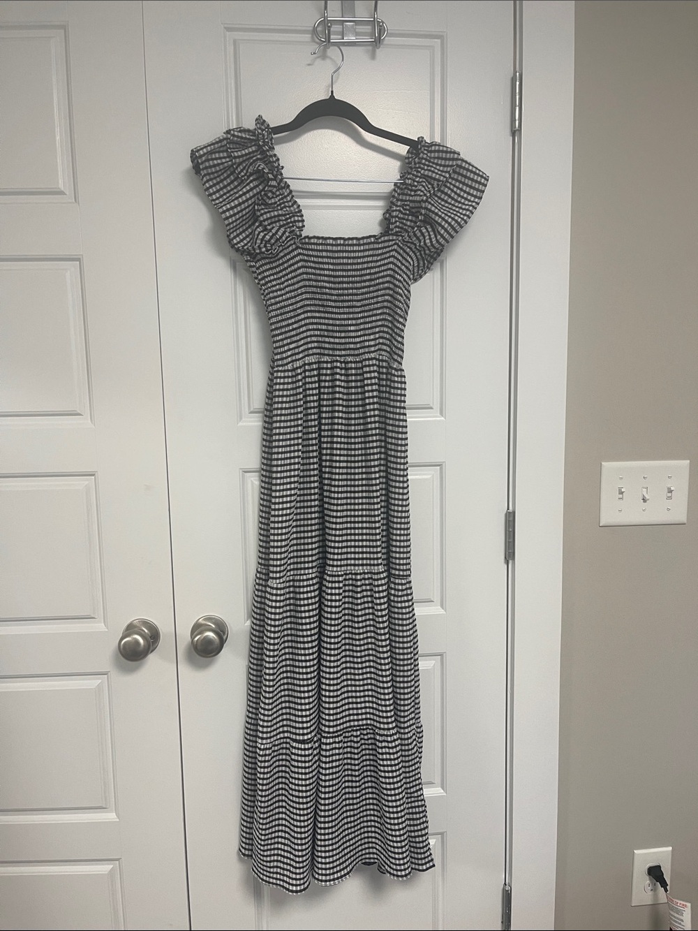 Promesa Black and White Gingham Smocked Maxi Dress with Ruffle Sleeves